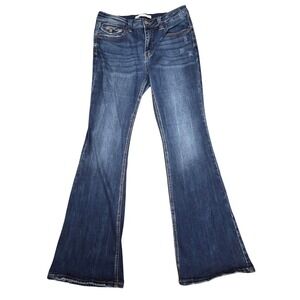 KanCan Flare Jeans Womens 29 Mid Rise Flap Pocket Dark Wash Stretch Boho Rodeo